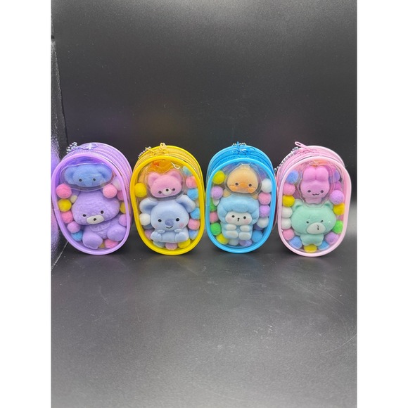 Other - Kawaii Animal Plushie Pouch Set 4pc Clear Case Pom Pom Bag Charm Pastel Keychain
